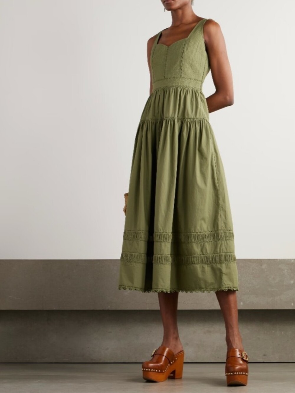 Ulla Johnson elegant sleeveless tiered midi dress in olive green